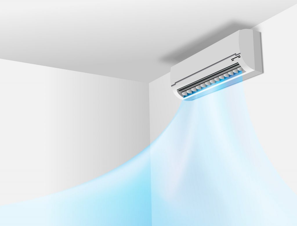 Ductless air conditioners mounted to a wall.