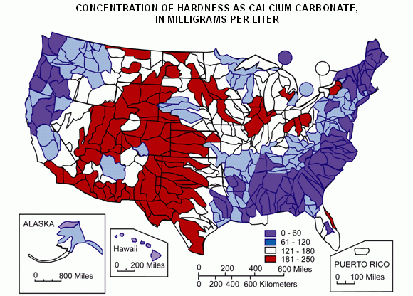 A map of water hardness throughout the United States, used to convey the concept of "is a water softener worth it?"