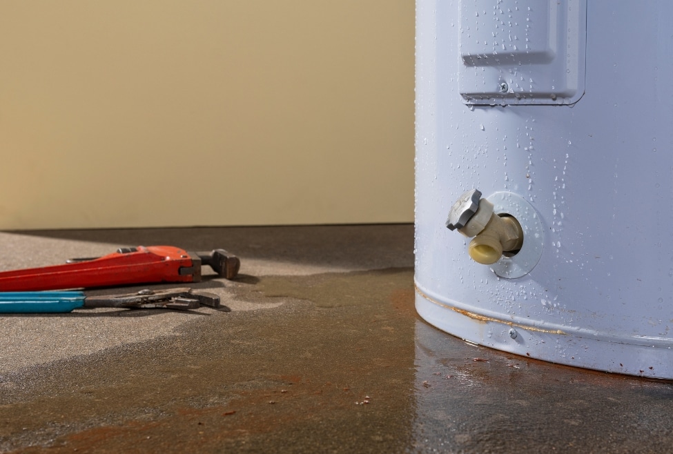 White water heater is leaking from the bottom, spilling water onto the floor next to a pair of repair tools.