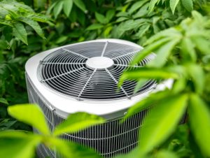 A sleek, outdoor cooling system nestled amid vibrant foliage, blending functionality with natural charm in a tranquil garden setting.