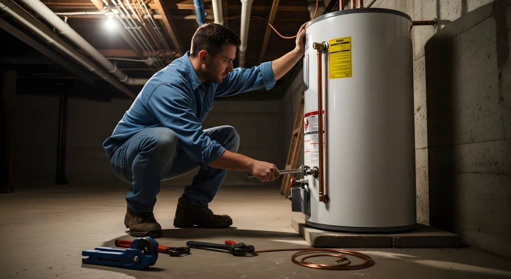 A man working on a water heater showing water heater repair in Pheonix